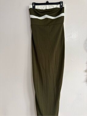 Olive Green Strapless Maxi Dress with White Accent